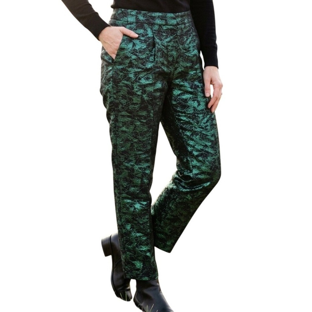 J.Crew Emerald Green Black Metallic Jacquard Ankle Pants 10 Holiday Party Dressy
